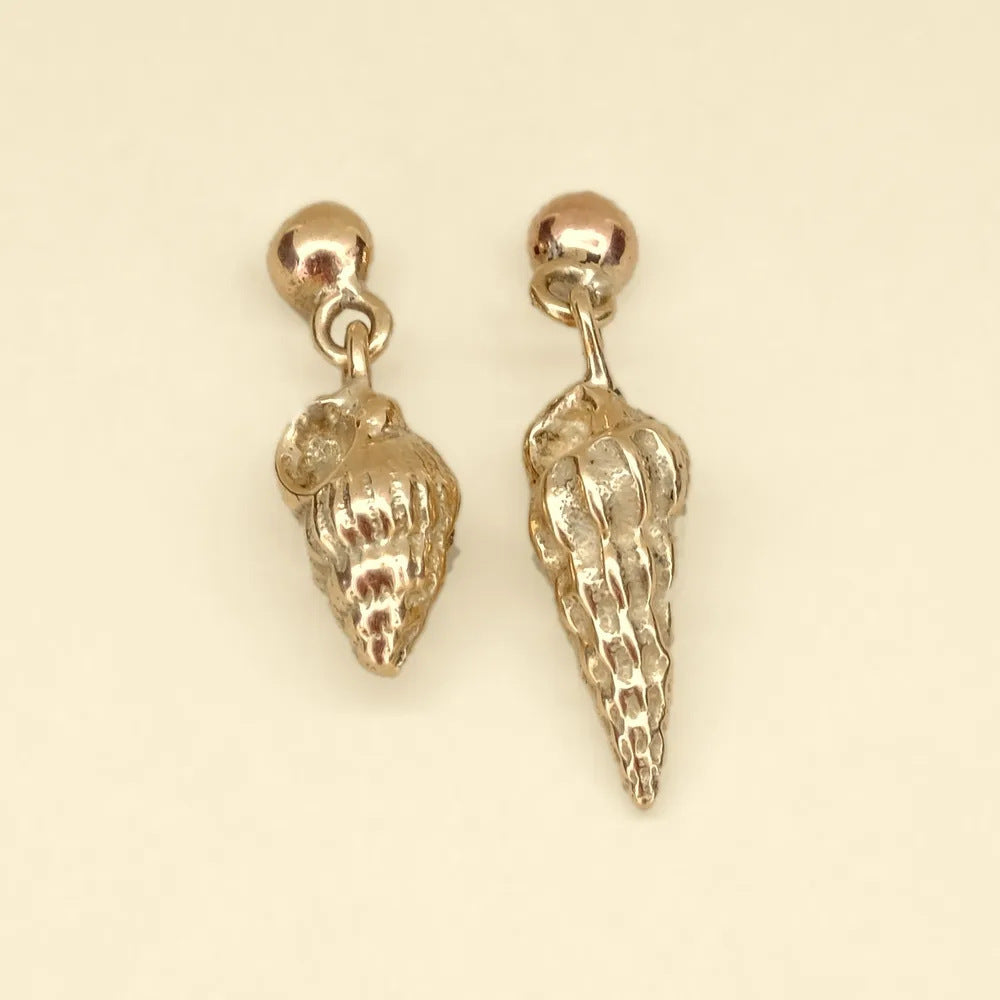 Spiral shell drops, gold spiral sea shell earrings on ball studs